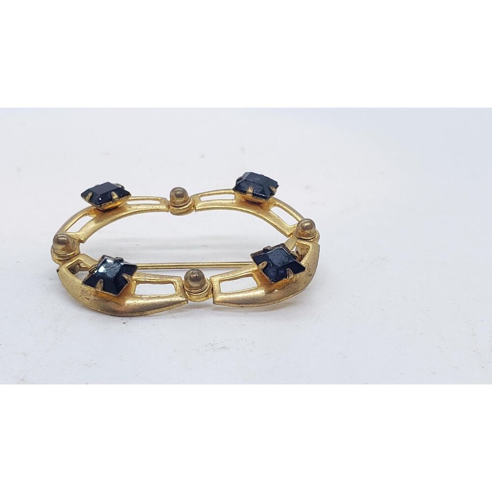 Vintage 10k Gold Plate Brooch Pin Art Deco Oval Openwork Black Rhinestone - Picture 14 of 16